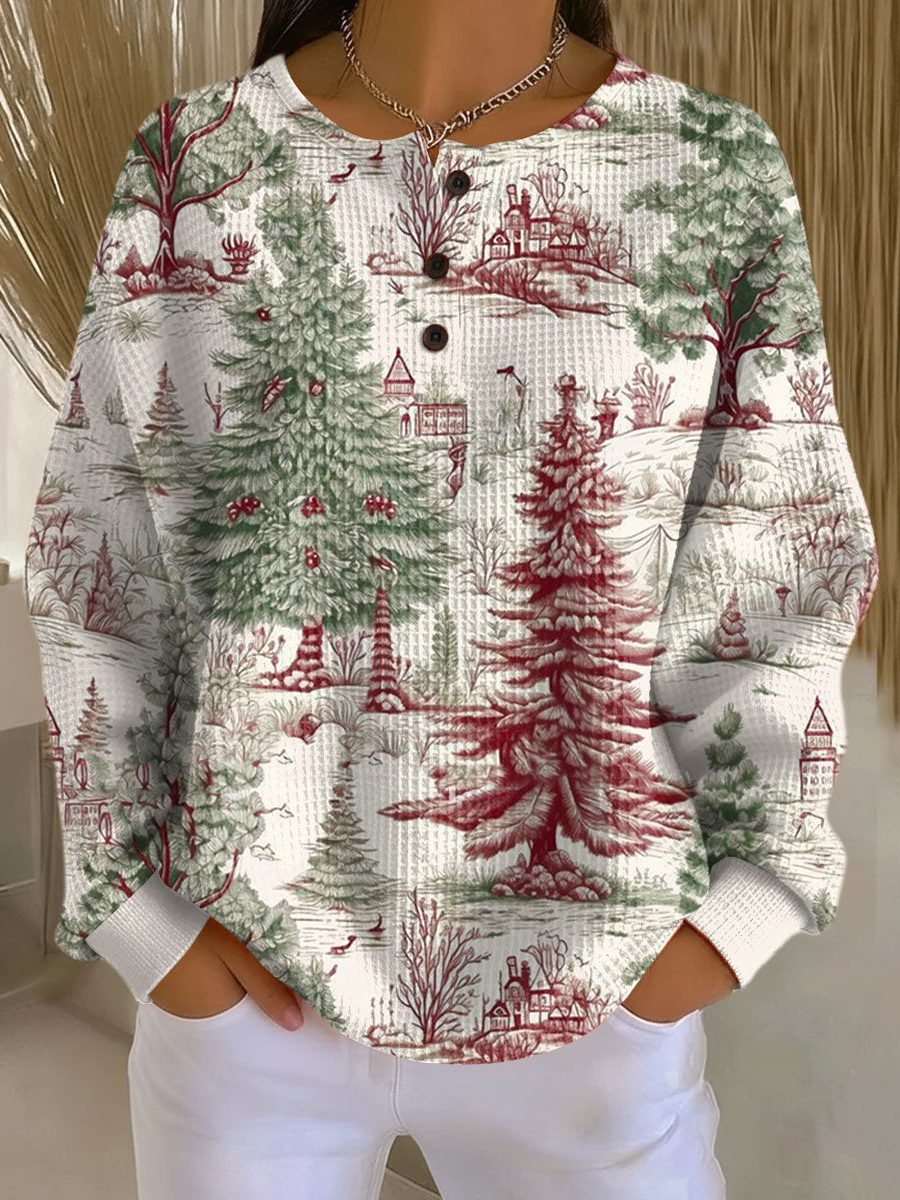 Waffle Knit Crew Neck  sweater  with Forest Print for Women