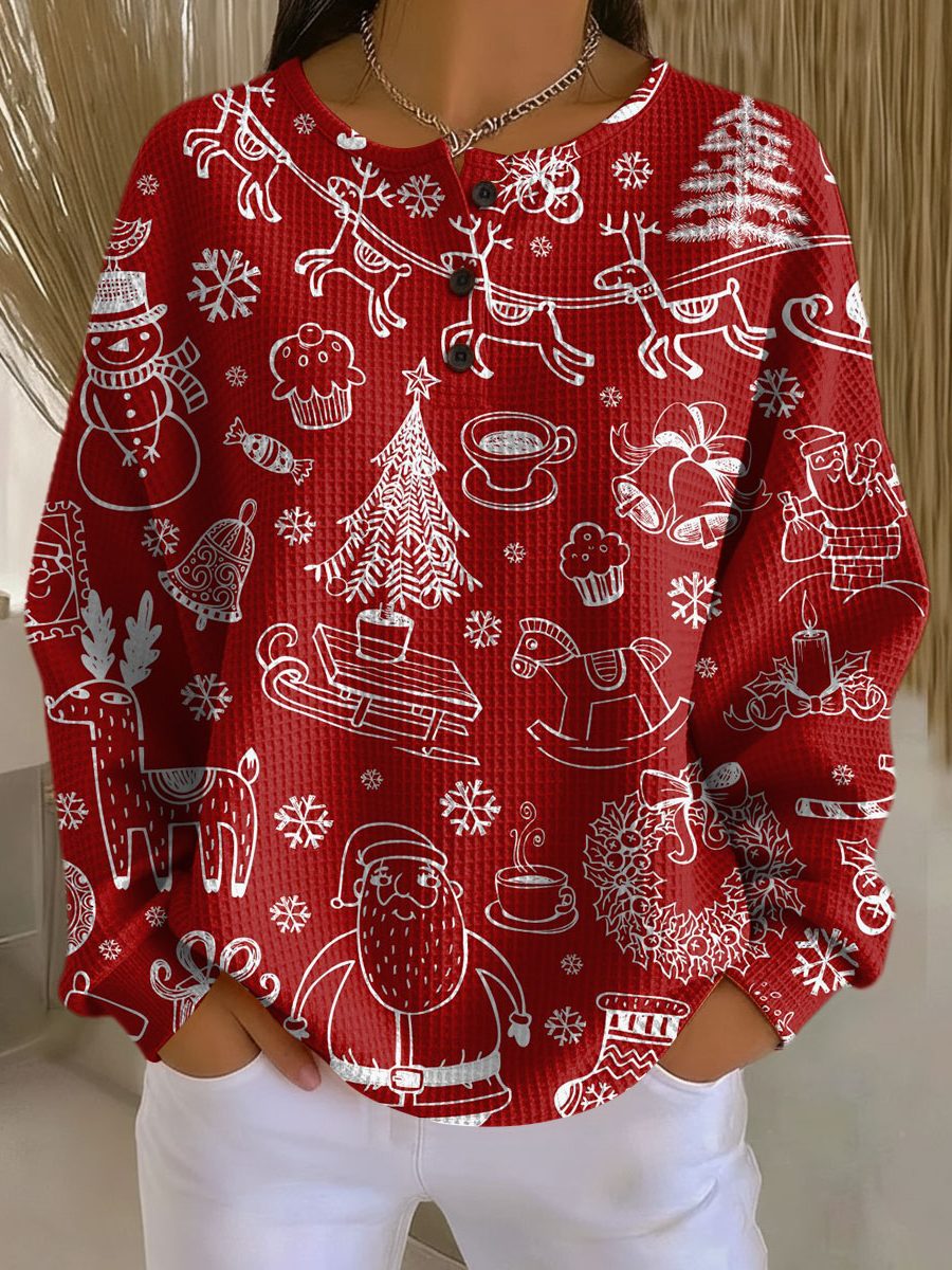 Waffle Knit Crew Neck sweater with Christmas Print for Women