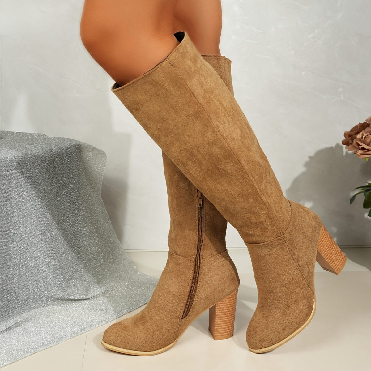 Wide Calf Block Heel Knee-High Boots for Women - Light Brown