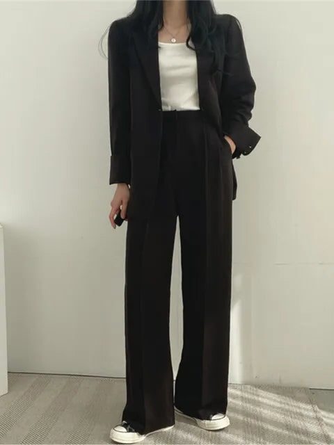 Wide Leg Blazer Suit Set for Women - Black