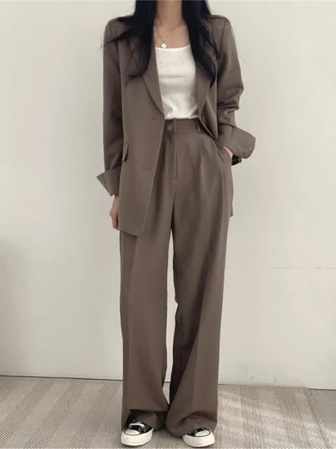 Wide Leg Blazer Suit Set for Women - Dark Brown