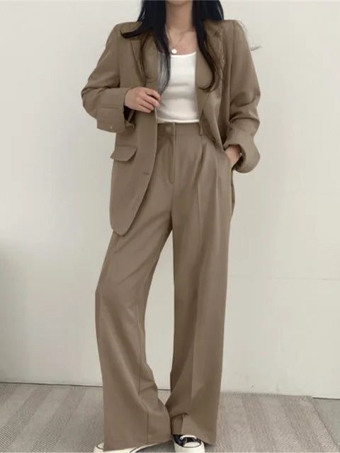Wide Leg Blazer Suit Set for Women - Khaki