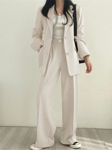 Wide Leg Blazer Suit Set for Women - Beige