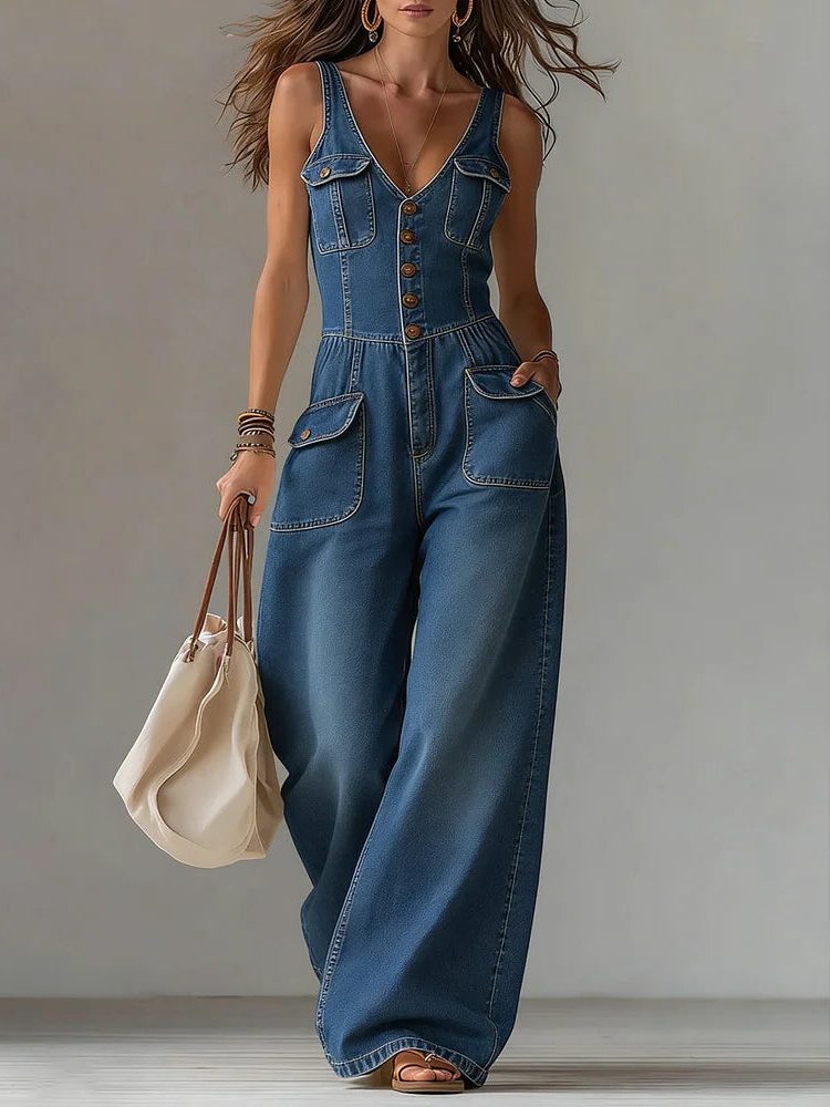 Wide Leg Denim Jumpsuit for Women