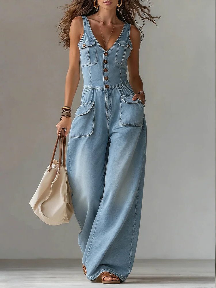 Wide Leg Denim Jumpsuit for Women - Blue