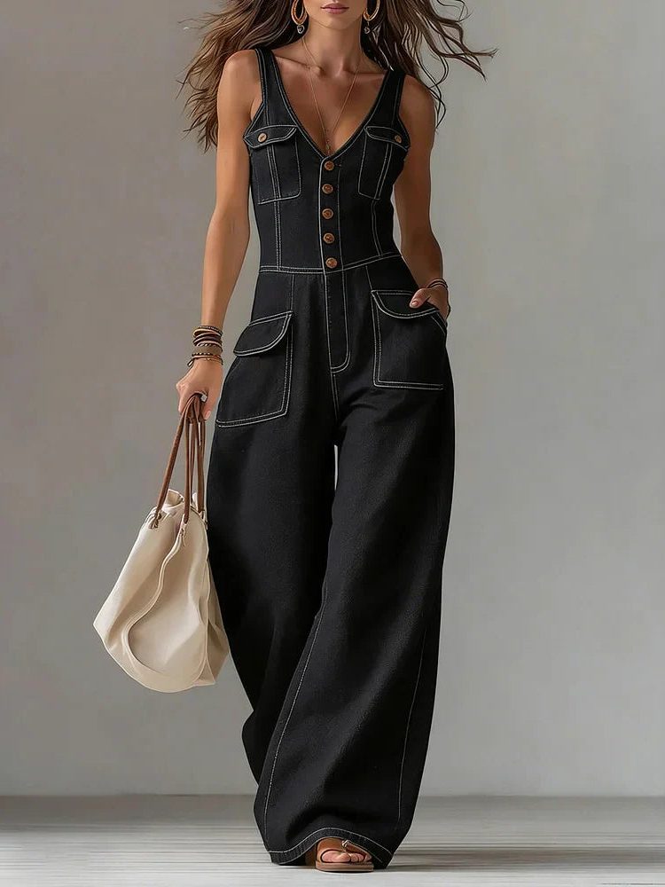 Wide Leg Denim Jumpsuit for Women - Black