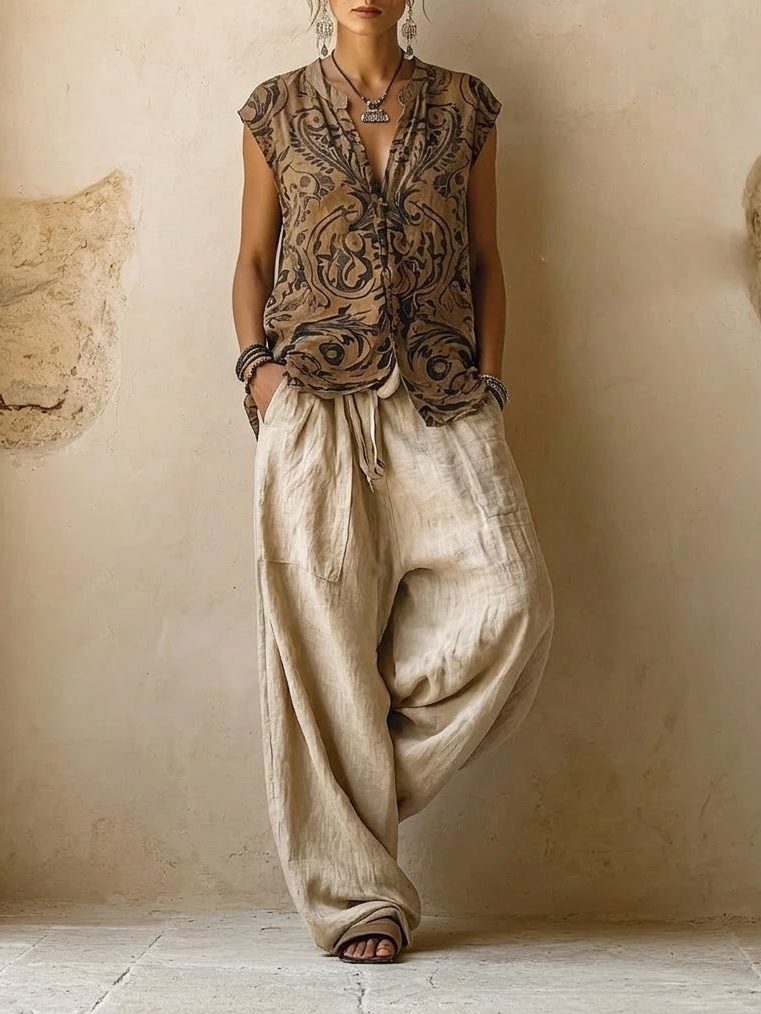 Wide Leg Linen Printed Three-Piece Set for Women - View 2