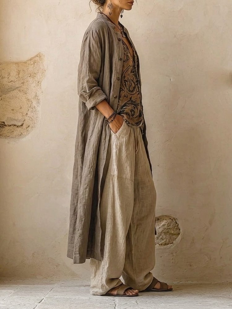 Wide Leg Linen Printed Three-Piece Set for Women - View 4