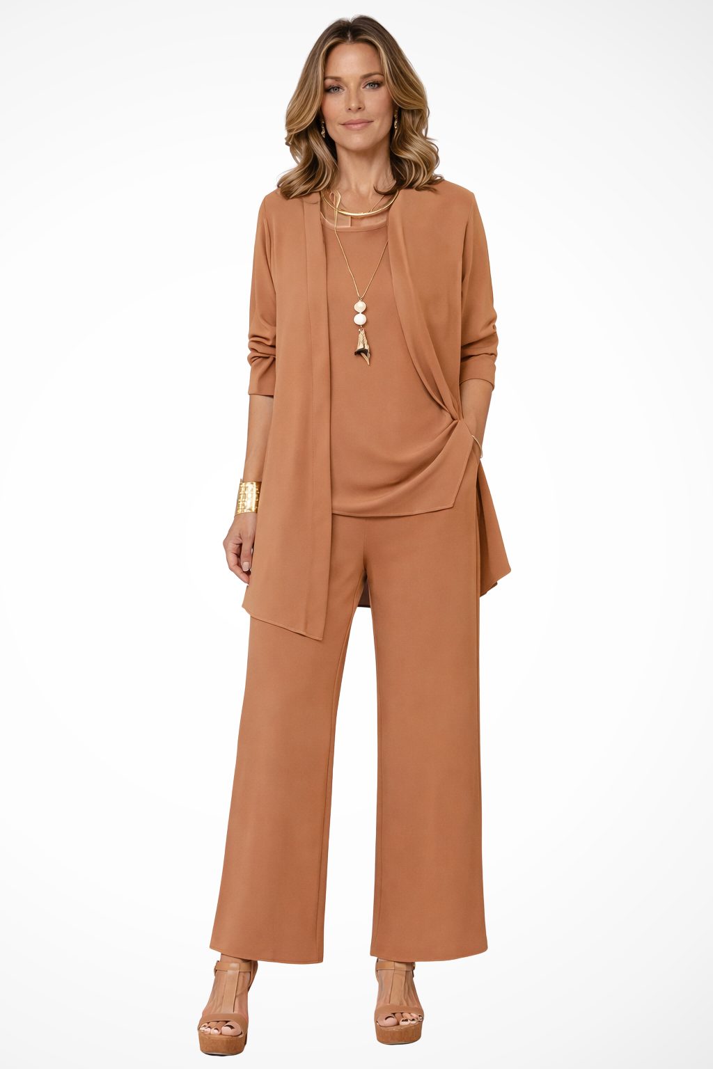 Wide Leg Three-Piece Set with Long Cardigan for Women