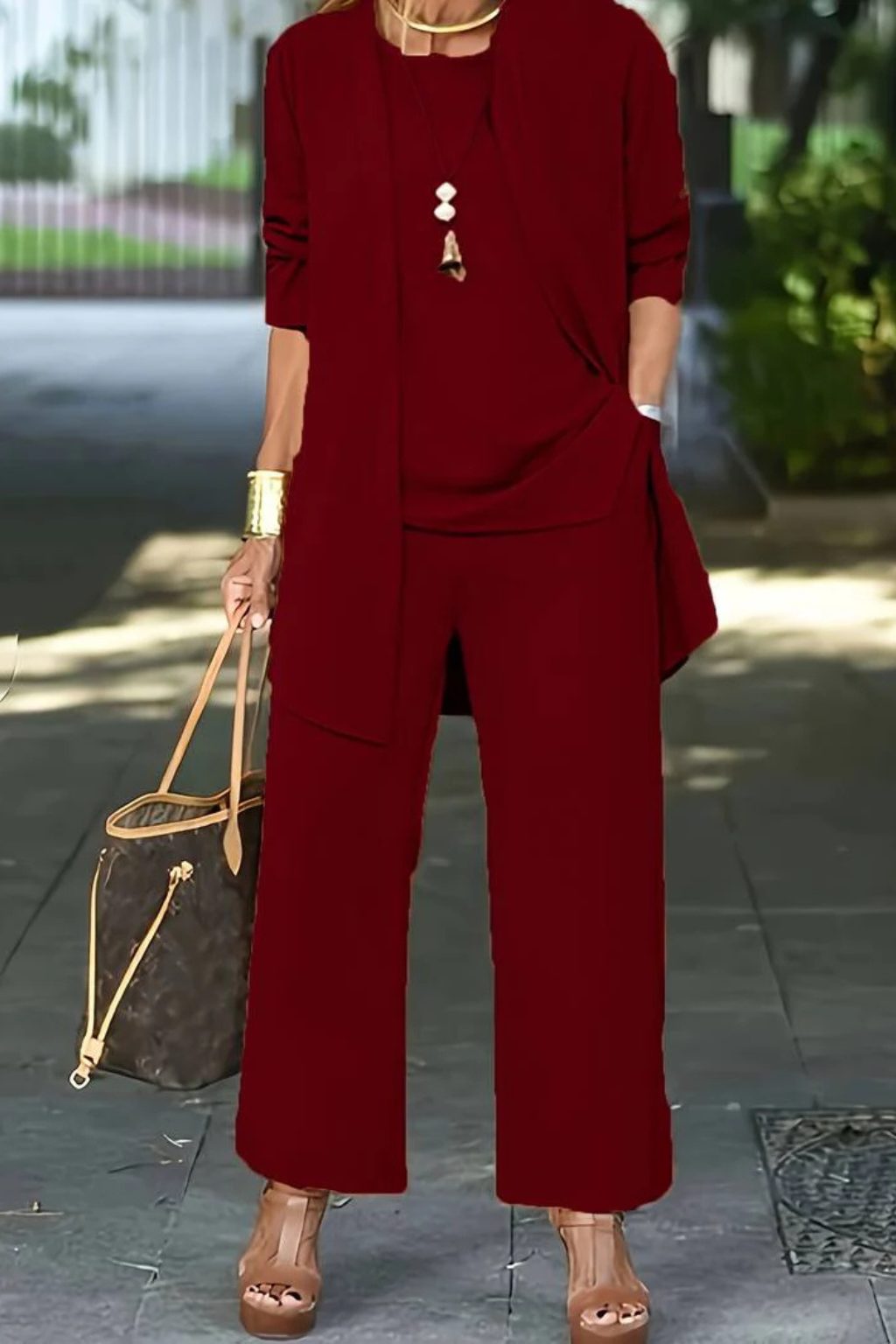 Wide Leg Three-Piece Set with Long Cardigan for Women - View 6