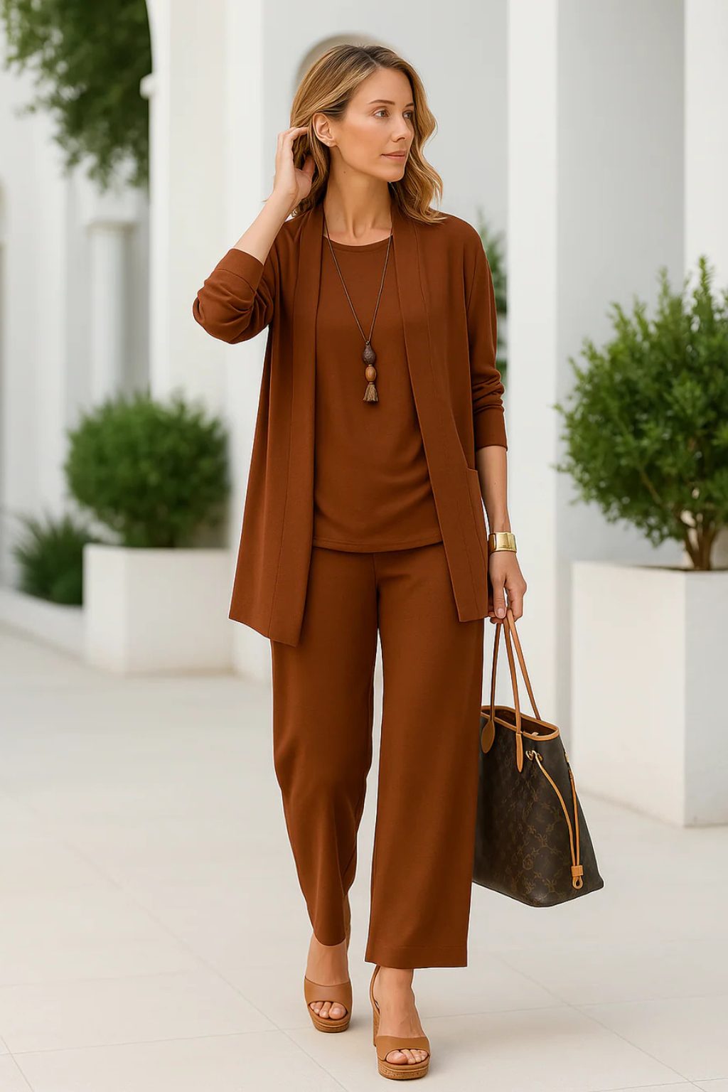 Wide Leg Three-Piece Set with Long Cardigan for Women - View 12