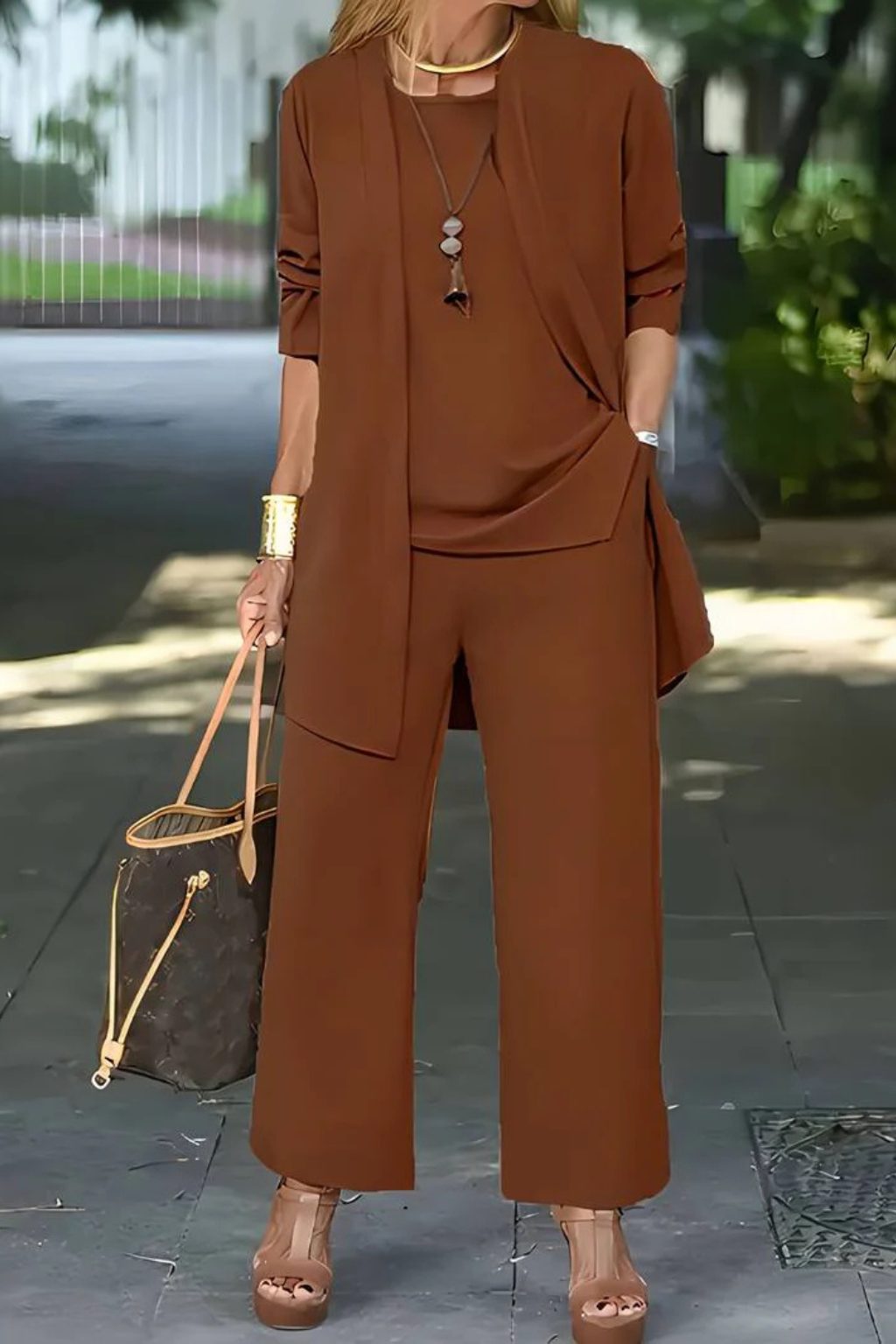 Wide Leg Three-Piece Set with Long Cardigan for Women - View 13