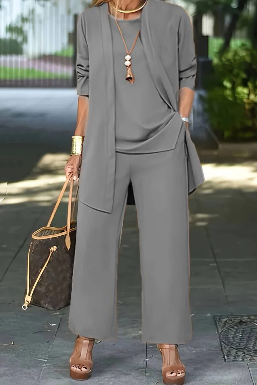 Wide Leg Three-Piece Set with Long Cardigan for Women - View 16