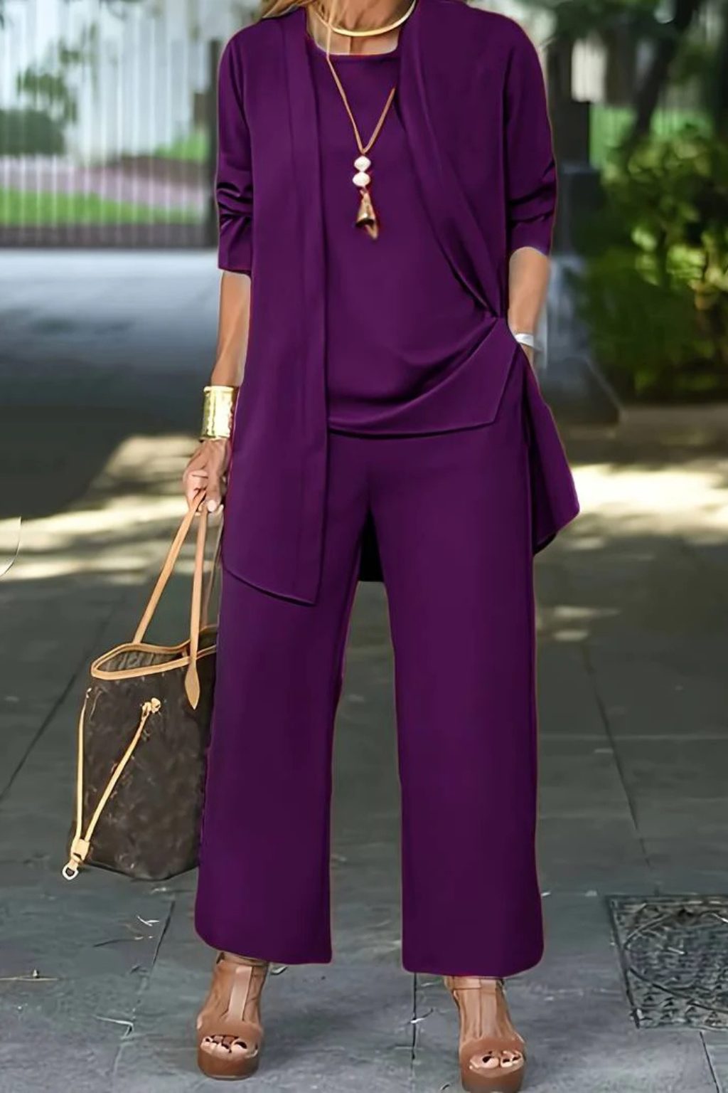 Wide Leg Three-Piece Set with Long Cardigan for Women - View 17