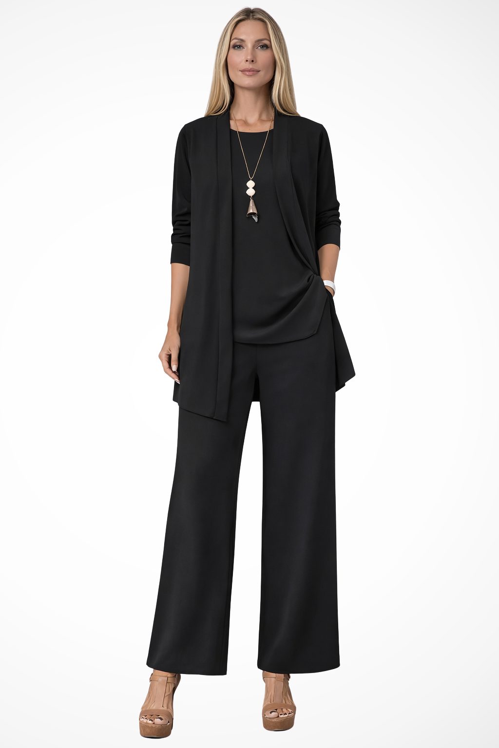 Wide Leg Three-Piece Set with Long Cardigan for Women - Black