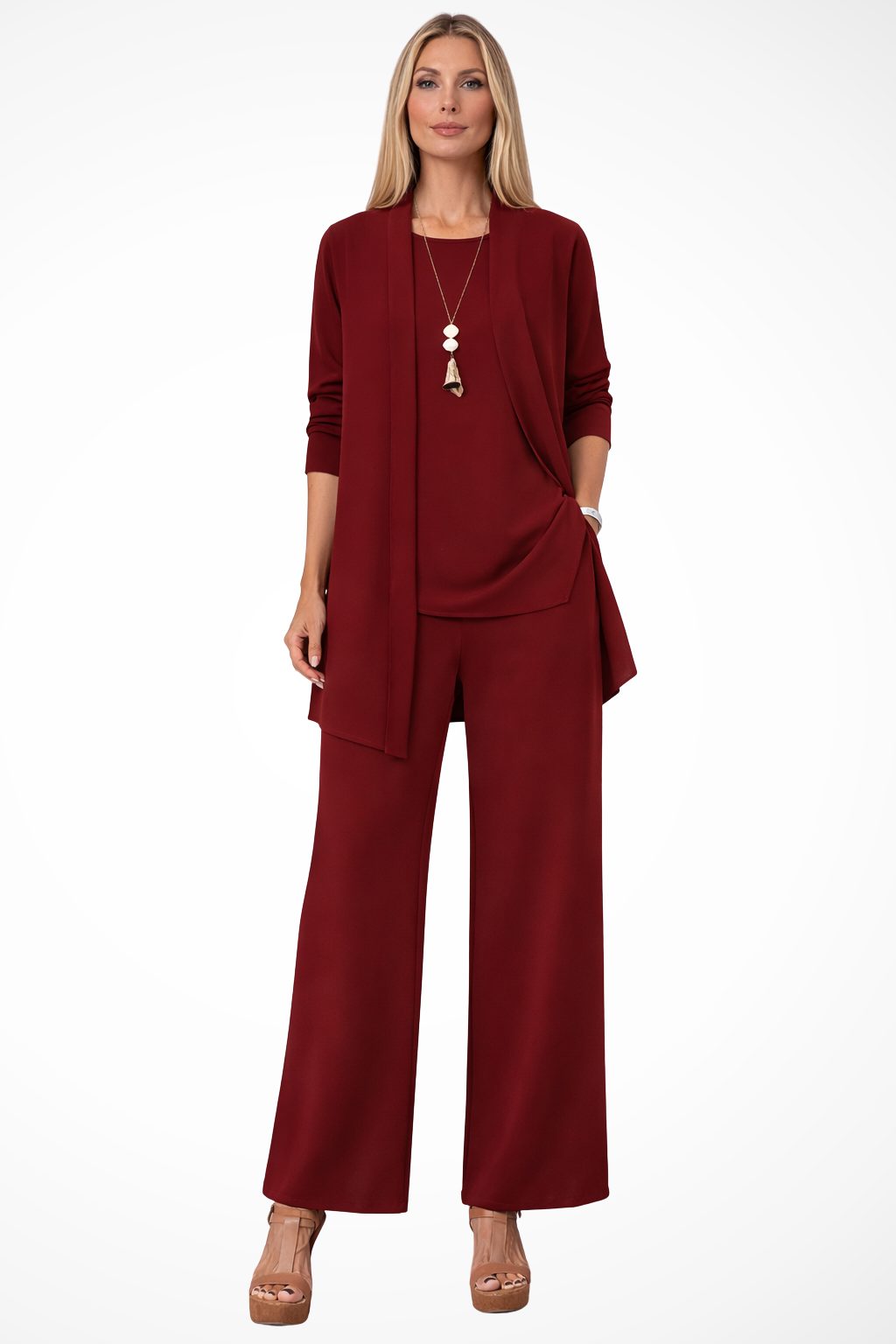 Wide Leg Three-Piece Set with Long Cardigan for Women - Wine Red