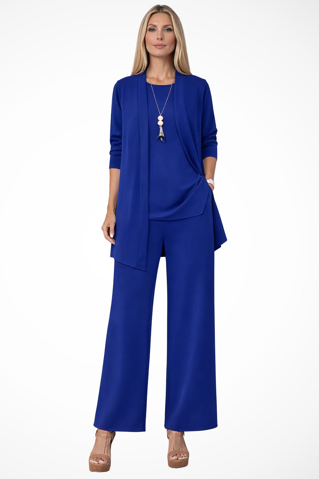 Wide Leg Three-Piece Set with Long Cardigan for Women - Blue