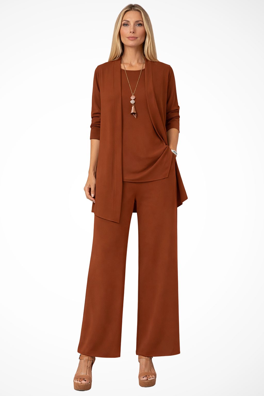 Wide Leg Three-Piece Set with Long Cardigan for Women - Dark Brown