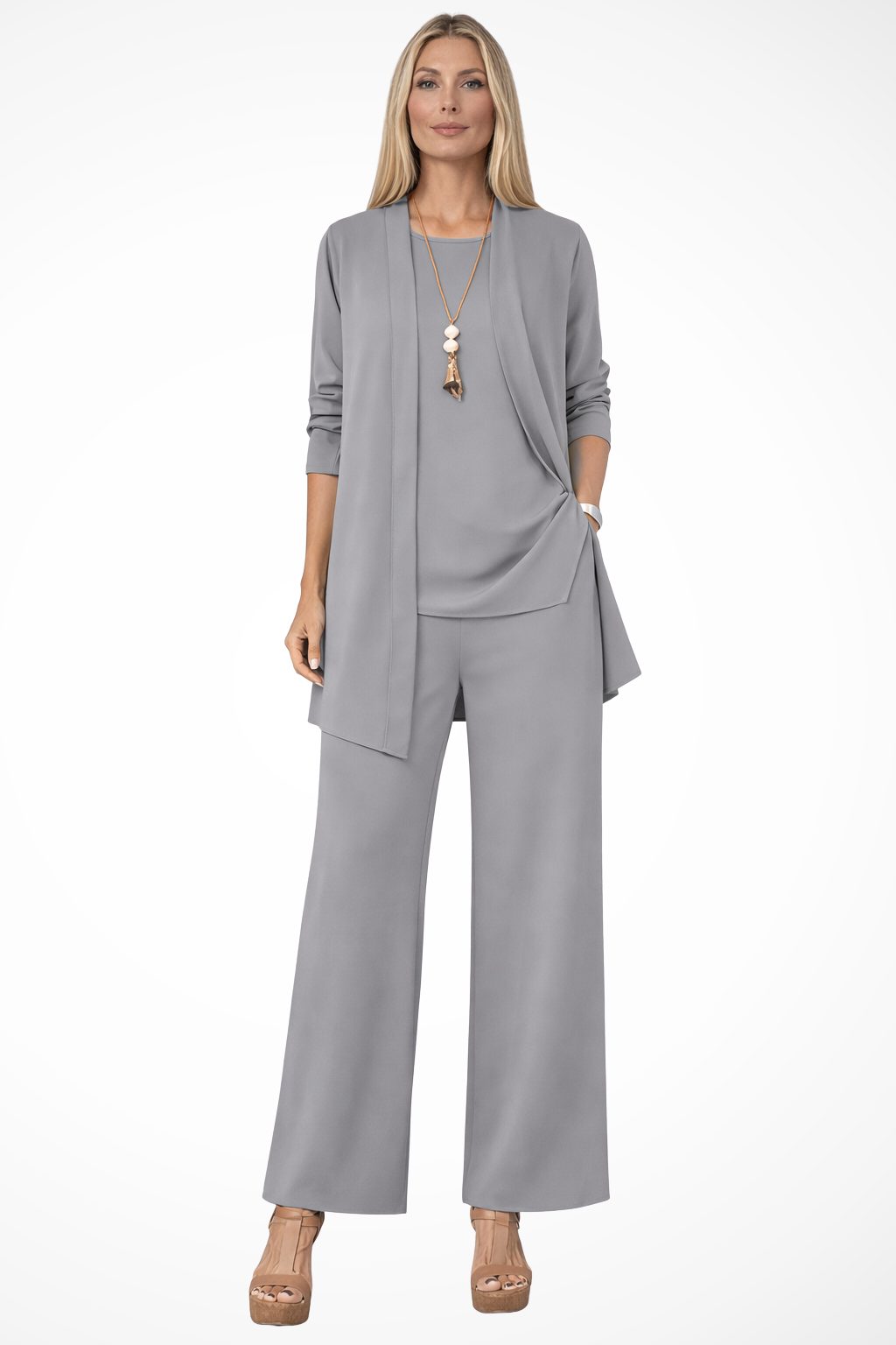 Wide Leg Three-Piece Set with Long Cardigan for Women - Grey