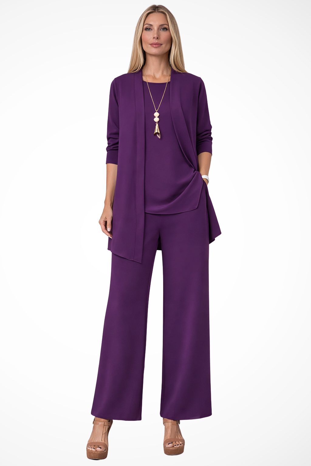 Wide Leg Three-Piece Set with Long Cardigan for Women - Purple