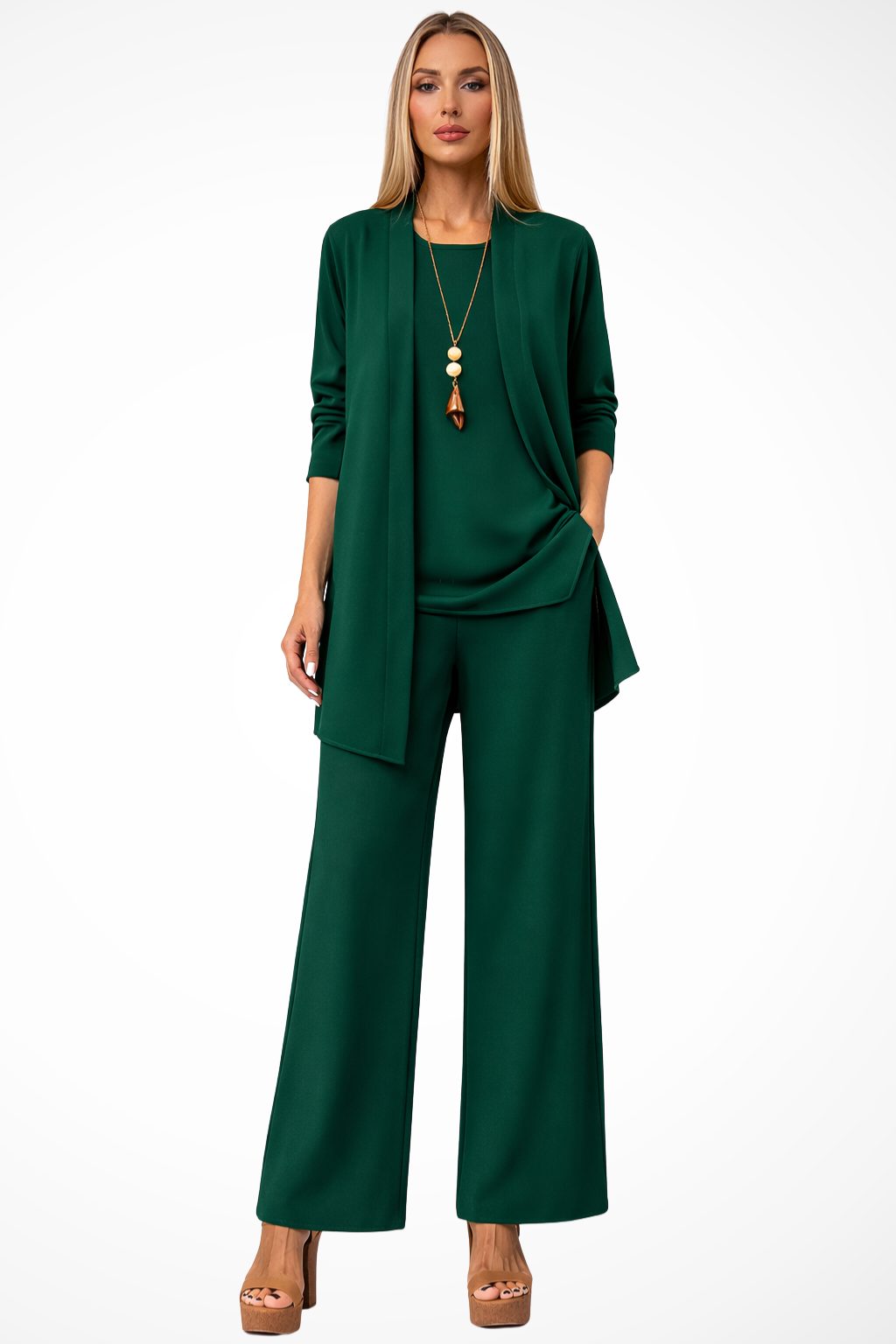 Wide Leg Three-Piece Set with Long Cardigan for Women - Dark Green