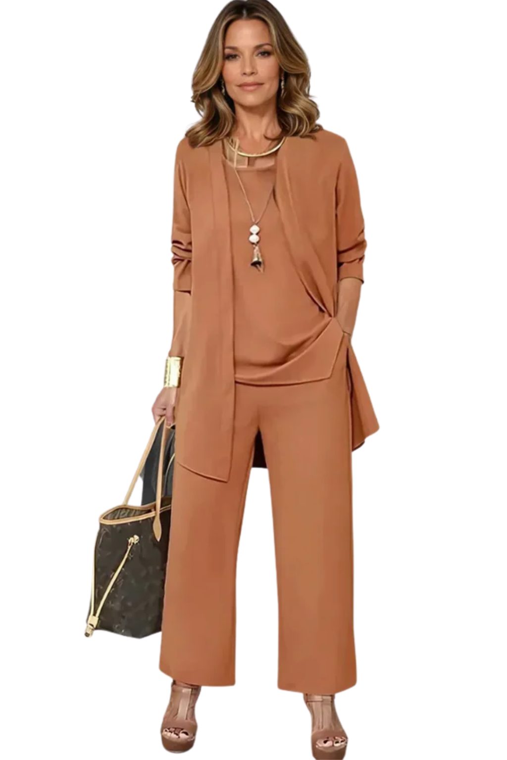 Wide Leg Three-Piece Set with Long Cardigan for Women