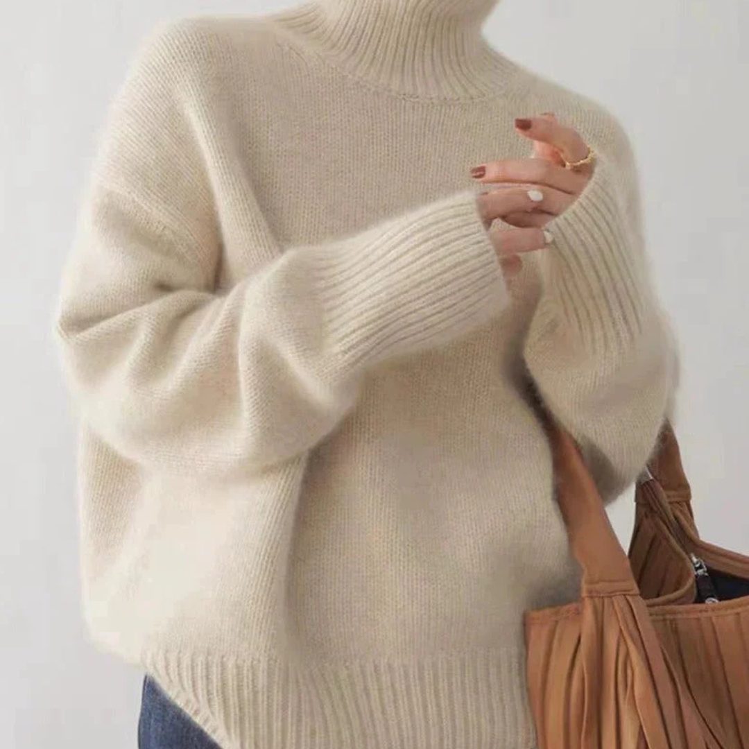 Wool Blend Turtleneck Sweater for Women - Beige