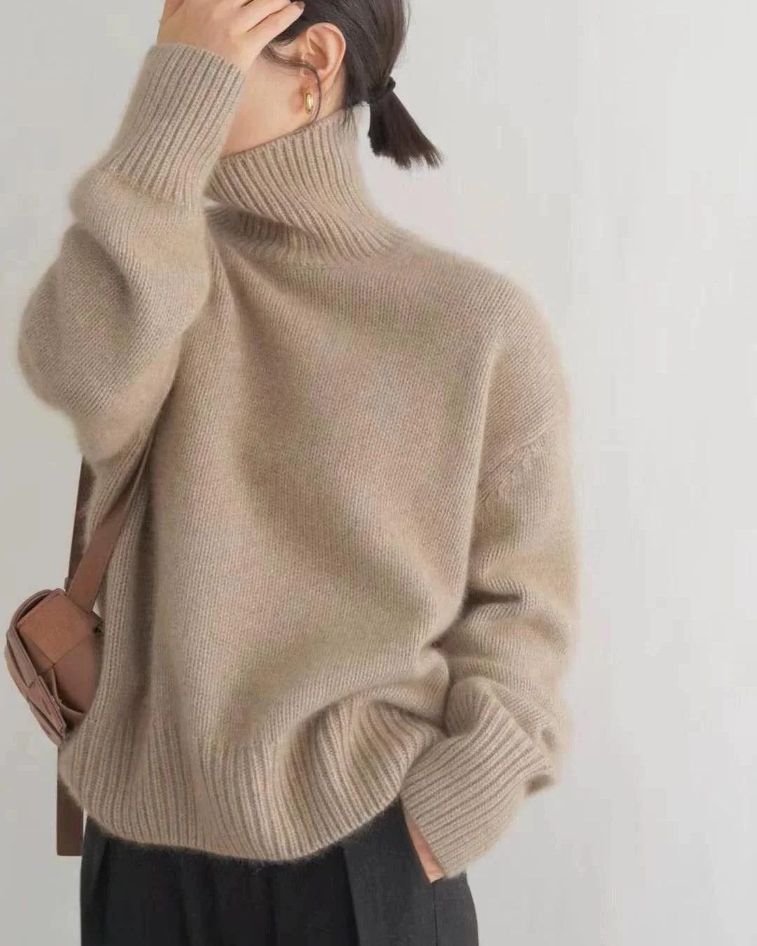 Wool Blend Turtleneck Sweater for Women - Khaki