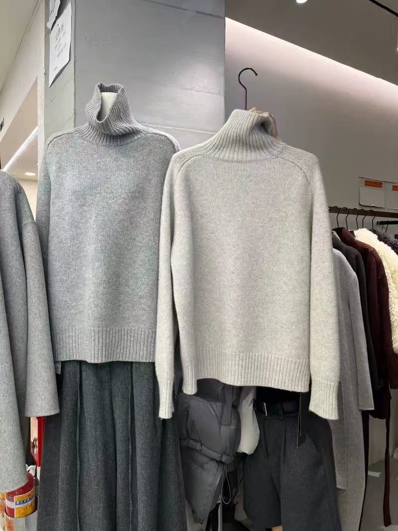 Wool Ribbed Knit Turtleneck Sweater for Women - Beige taupe