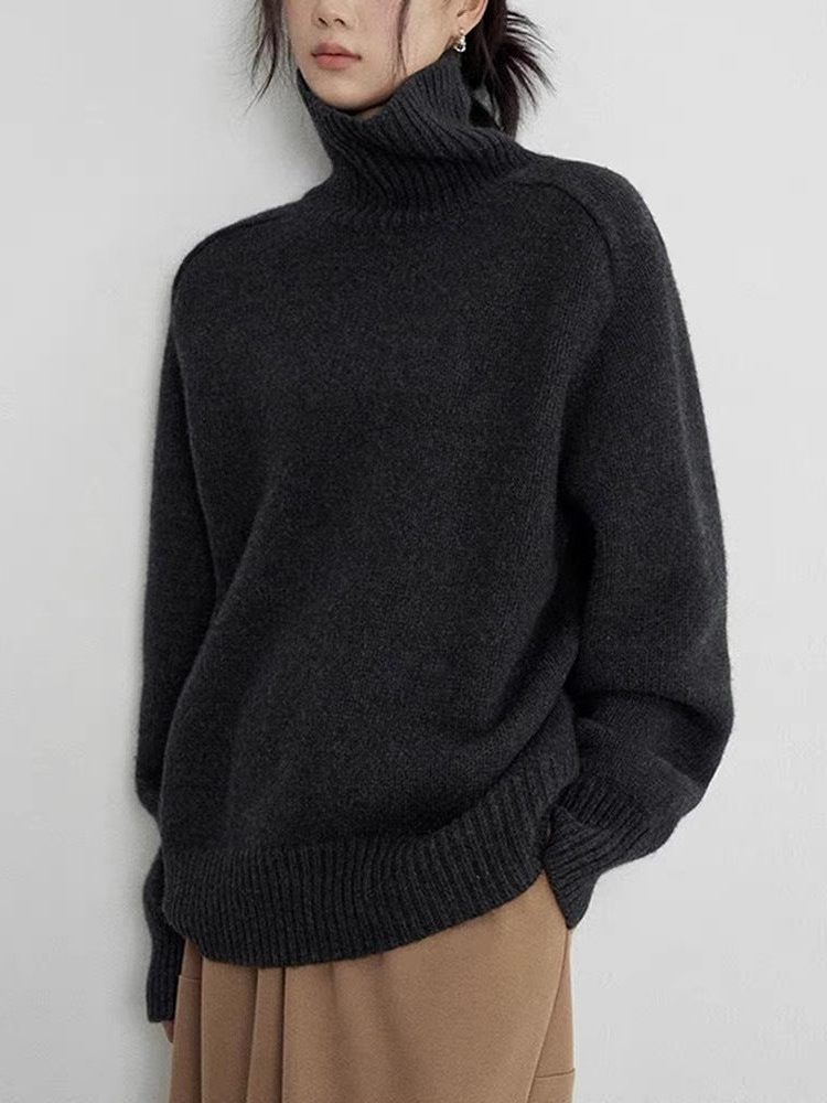 Wool Ribbed Knit Turtleneck Sweater for Women