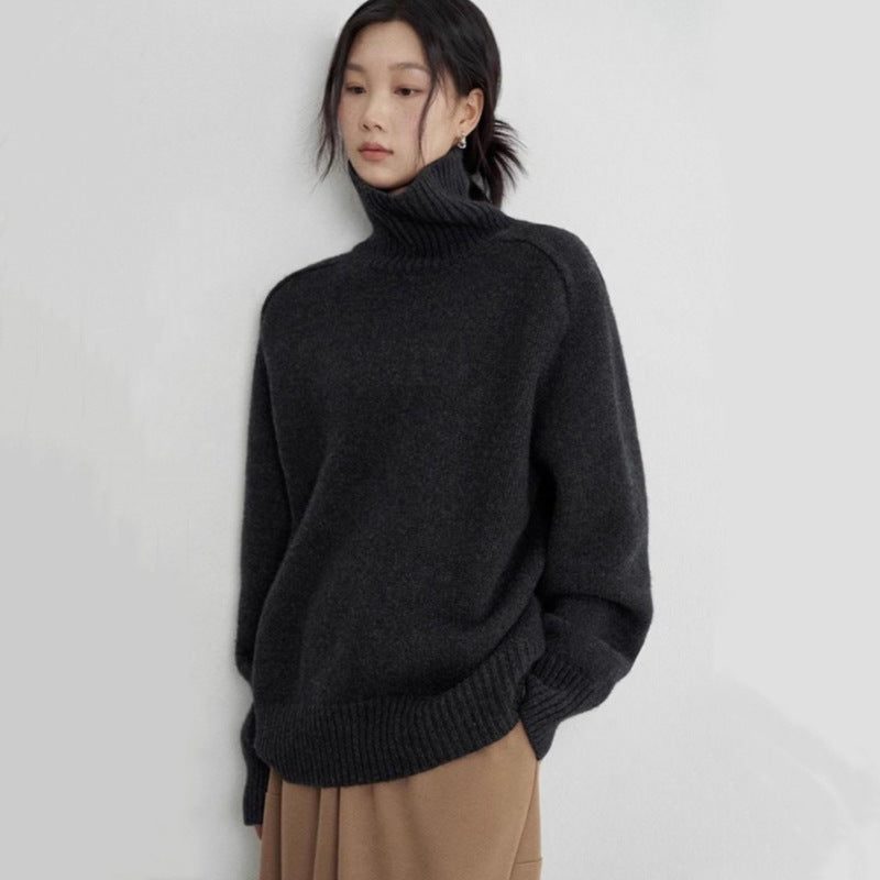 Wool Ribbed Knit Turtleneck Sweater for Women - Charcoal gray