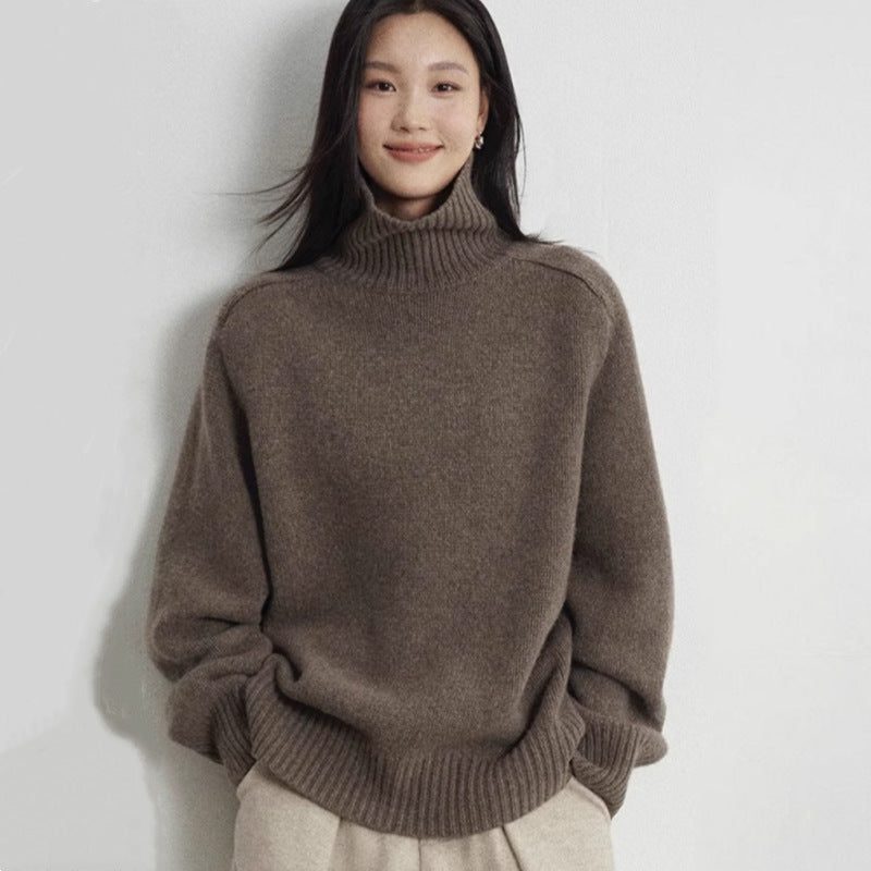 Wool Ribbed Knit Turtleneck Sweater for Women - Dark camel