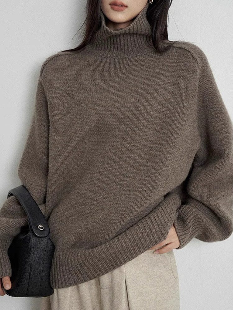 Wool Ribbed Knit Turtleneck Sweater for Women - View 2