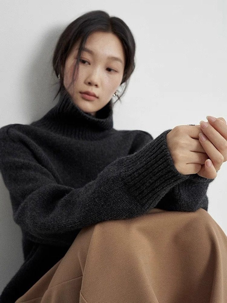 Wool Ribbed Knit Turtleneck Sweater for Women - View 3