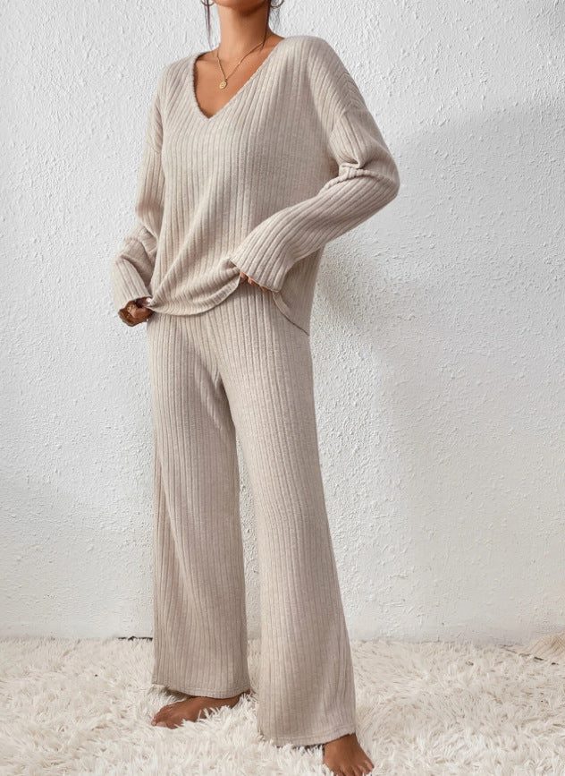 Wool Ribbed Knit V-Neck Jumper and Wide Leg Trousers Set for Women