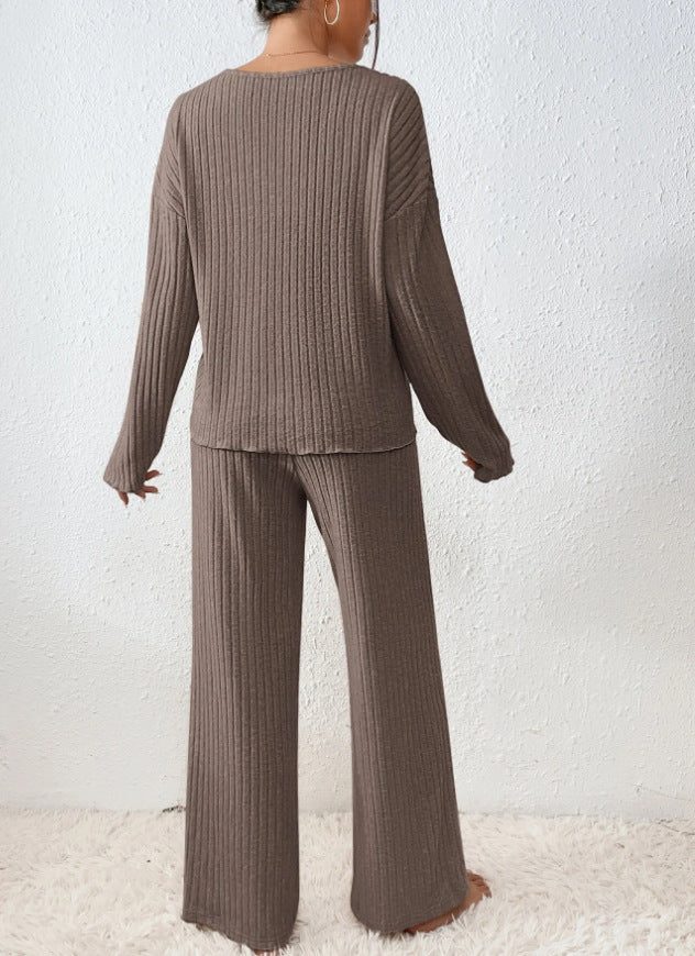 Wool Ribbed Knit V-Neck Jumper and Wide Leg Trousers Set for Women - View 12