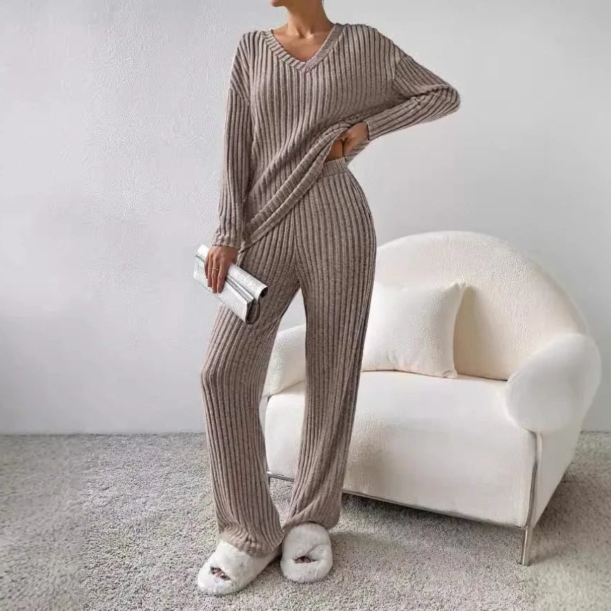 Wool Ribbed Knit V-Neck Jumper and Wide Leg Trousers Set for Women - Light brown