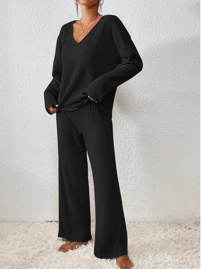 Wool Ribbed Knit V-Neck Jumper and Wide Leg Trousers Set for Women - Black