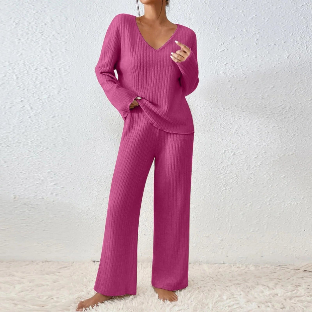 Wool Ribbed Knit V-Neck Jumper and Wide Leg Trousers Set for Women - Pink
