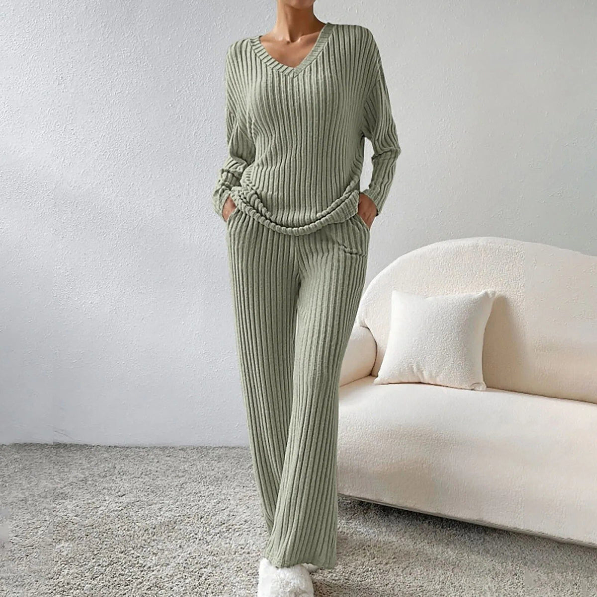 Wool Ribbed Knit V-Neck Jumper and Wide Leg Trousers Set for Women - Olive green