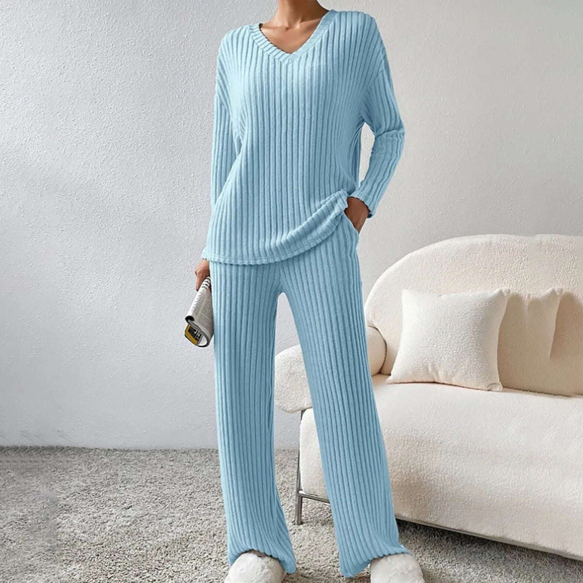 Wool Ribbed Knit V-Neck Jumper and Wide Leg Trousers Set for Women - Baby blue