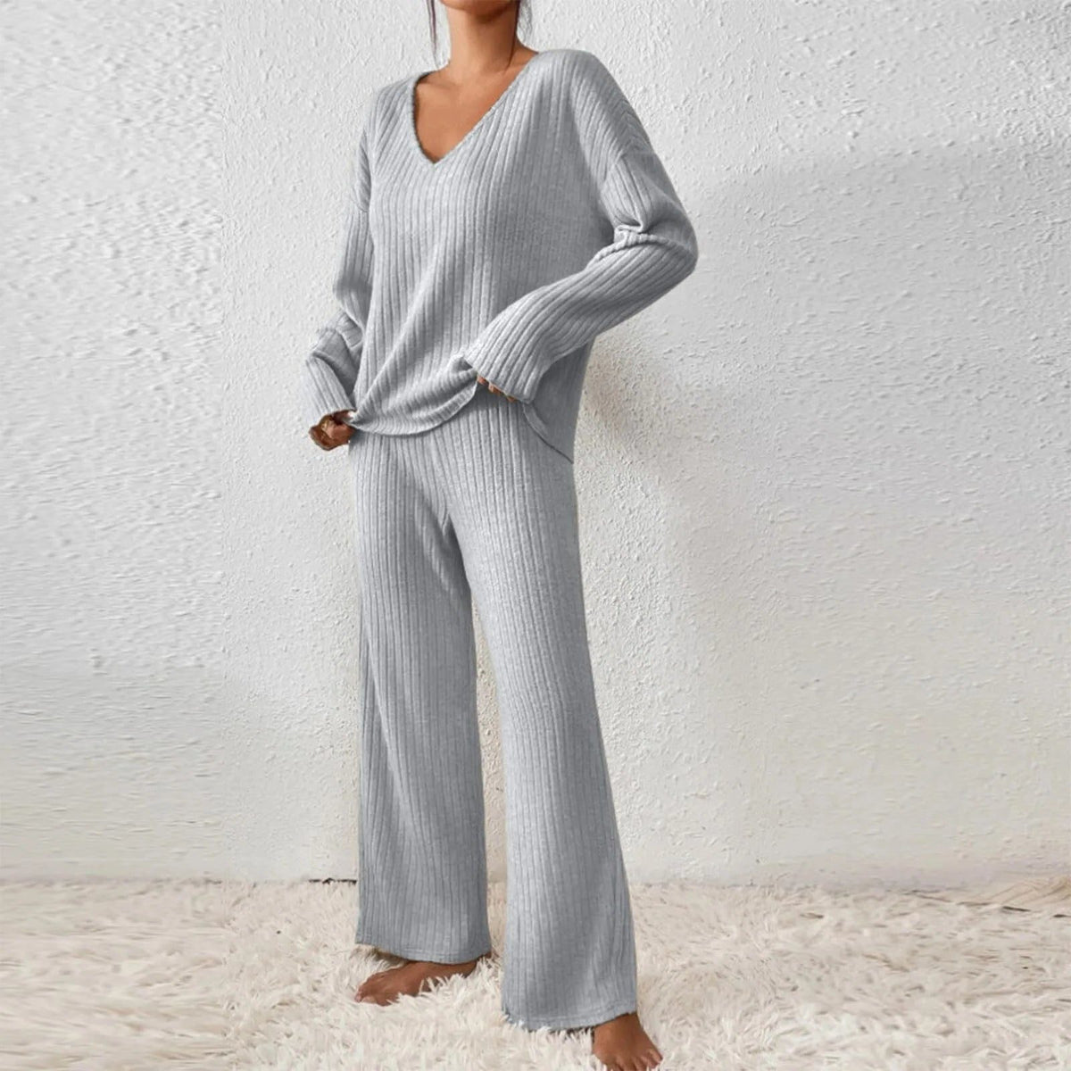 Wool Ribbed Knit V-Neck Jumper and Wide Leg Trousers Set for Women - Gray