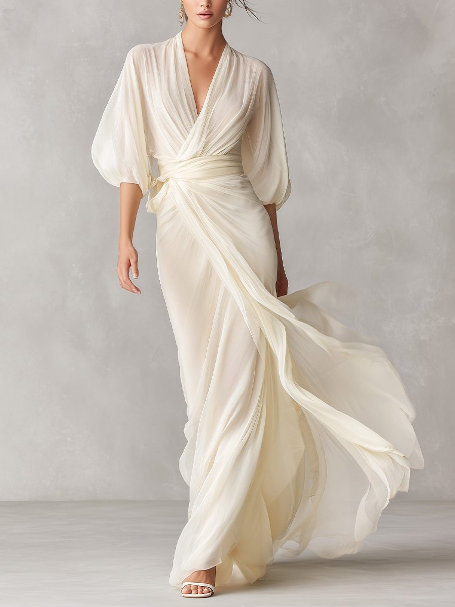 Wrap Maxi Dress with Puff Sleeves for Women