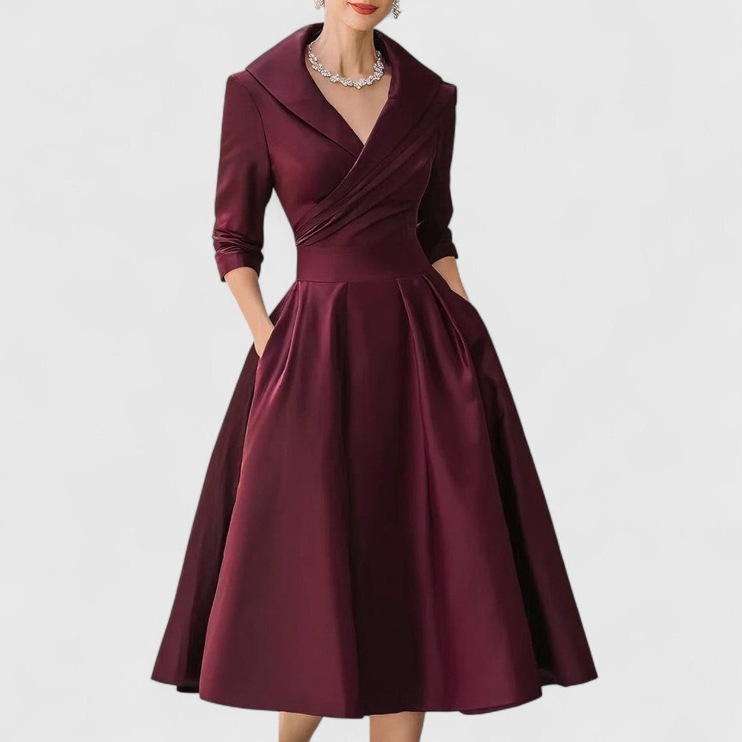 Wrap V-Neck A-Line Midi Dress for Women - Deep Red