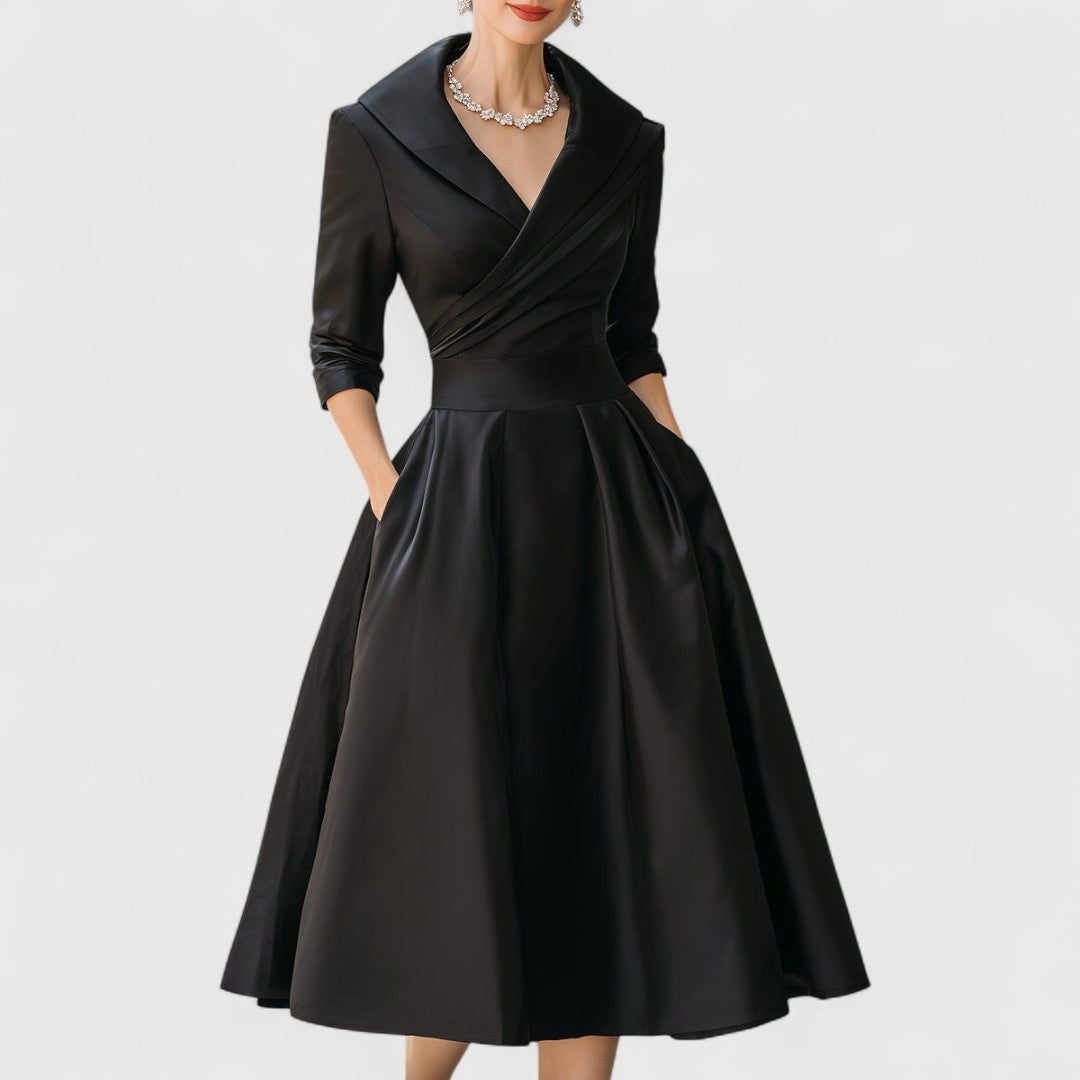 Wrap V-Neck A-Line Midi Dress for Women - Black