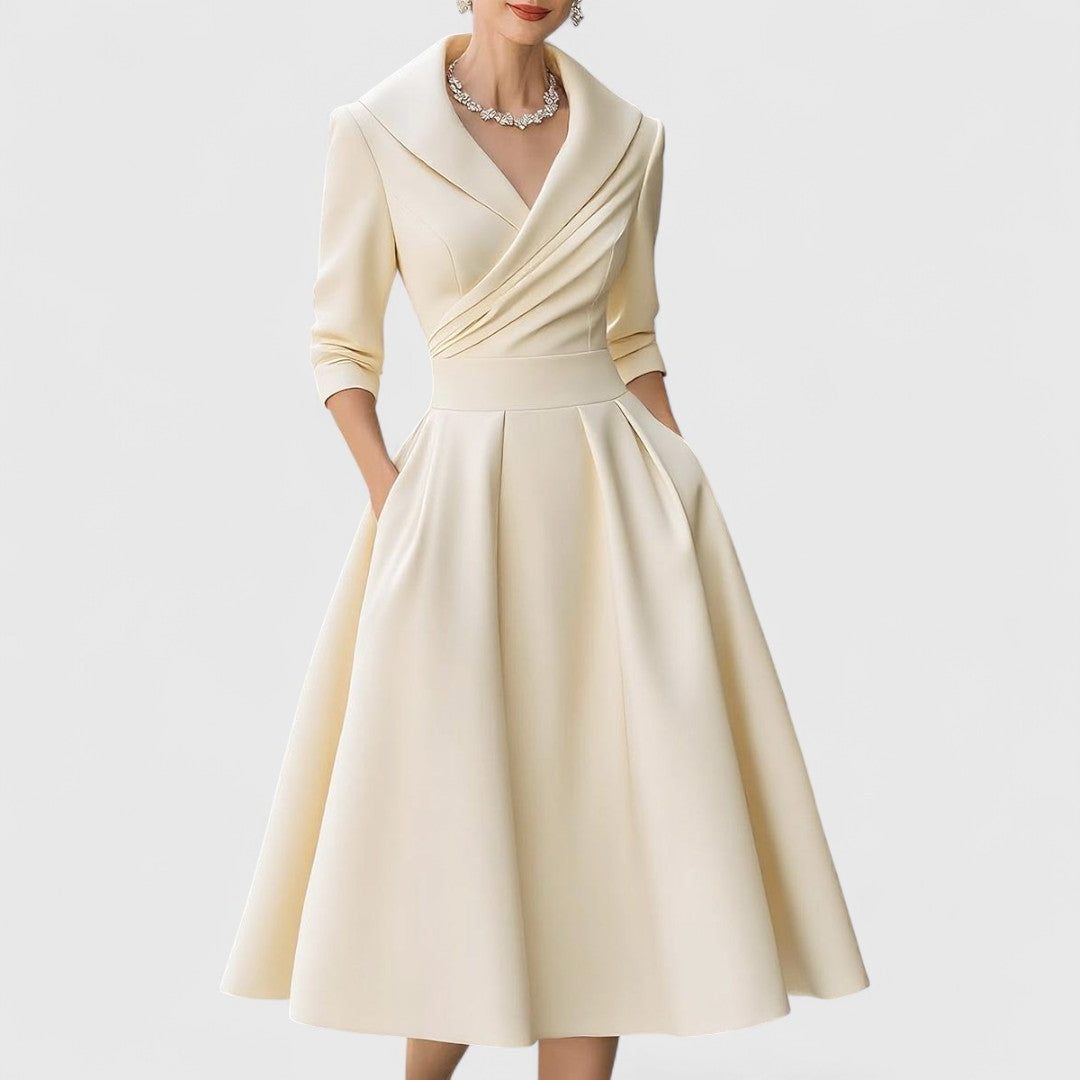 Wrap V-Neck A-Line Midi Dress for Women - Beige