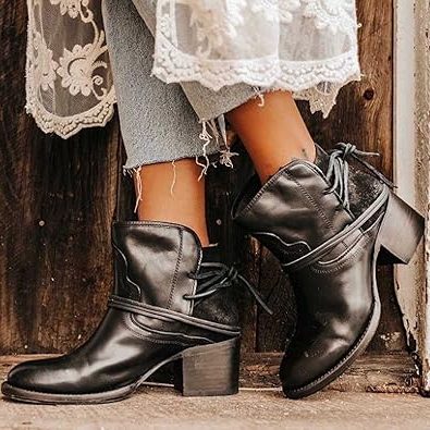 Wraparound Lace-Up Western Ankle Boots for Women - Black