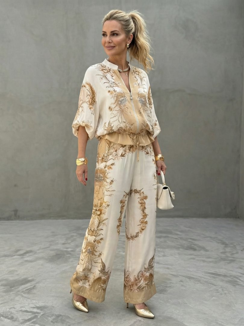 Zip Front Blouson Floral Two-Piece Set for Women