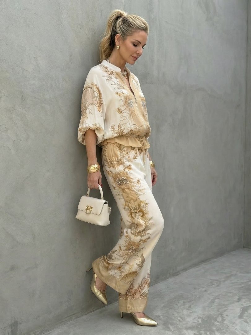 Zip Front Blouson Floral Two-Piece Set for Women