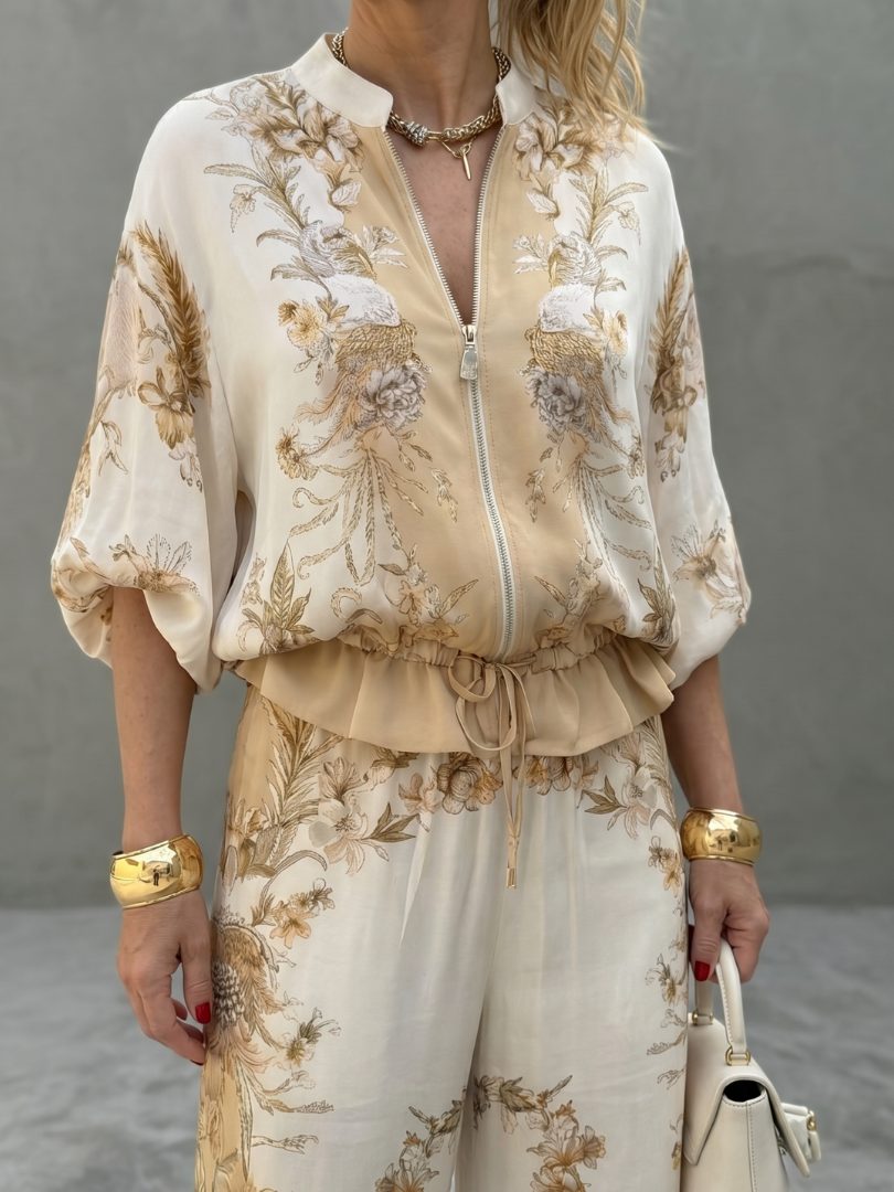Zip Front Blouson Floral Two-Piece Set for Women - View 3